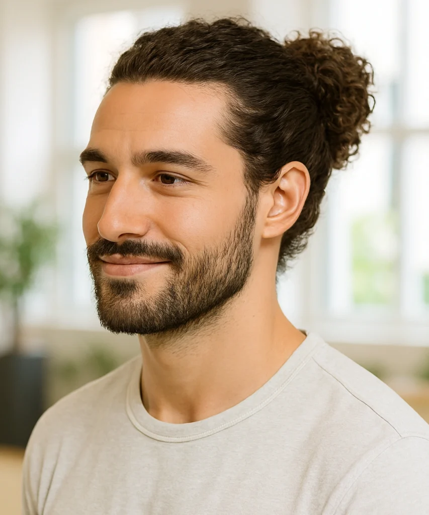 49+ Stylish Curly Hairstyles for Men 38 Curly Man Bun