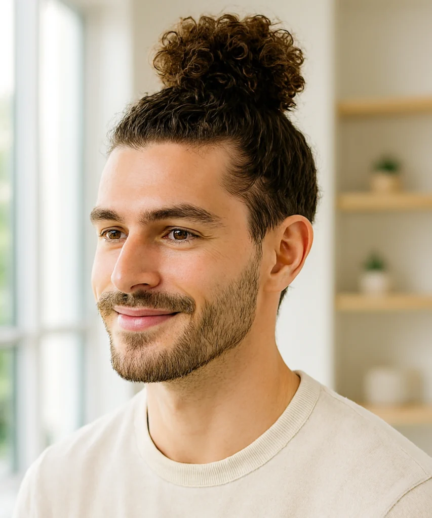 49+ Stylish Curly Hairstyles for Men 44 Curly Top Knot