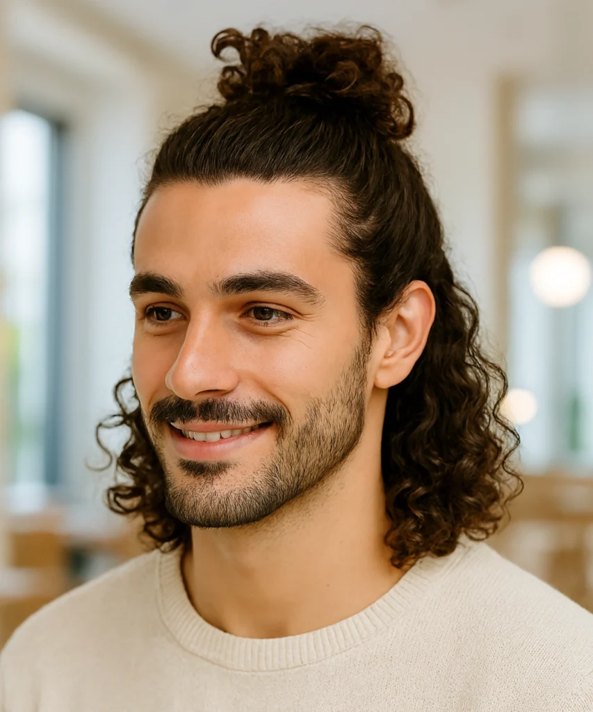 49+ Stylish Curly Hairstyles for Men 39 Half-Up Curly Bun