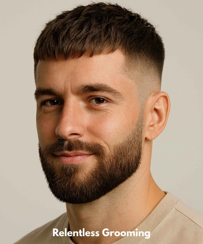 French Crop Haircut: Sleek & Modern Men's Style 35 The French Crop with Beard Fade