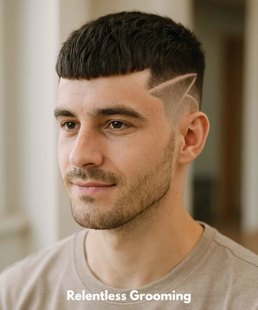 French Crop Haircut: Sleek & Modern Men's Style 34 The French Crop with Line Design
