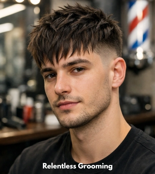 Messy Textured Fringe Low Taper Fade